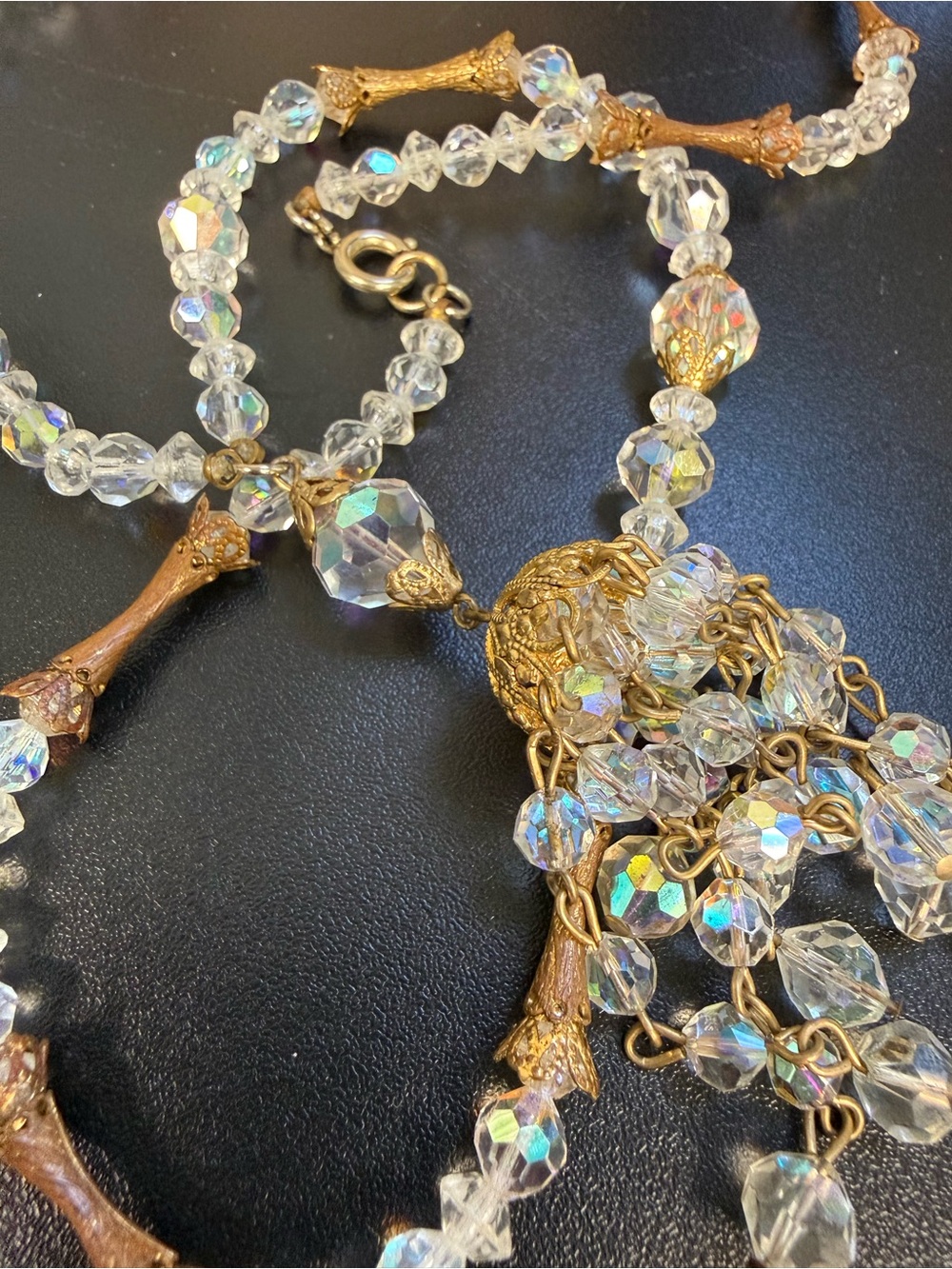 Vintage Crystal Bead Tassel Necklace - AB Crystals and Gold - Picture 7 of 10